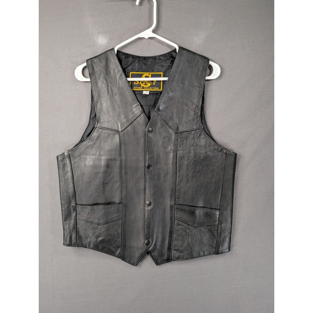 Shaf Leather Collections Mens Black Leather Biker Vest Western Yoke Size 44
